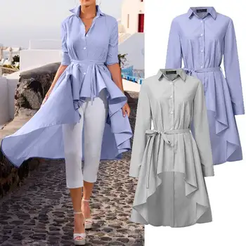

ZANZEA Stylish Tunic Tops 2020 Autumn Striped Shirts Women Lapel Neck Long Sleeve Blouses Casual Solid Party Asymmetrical Blusas
