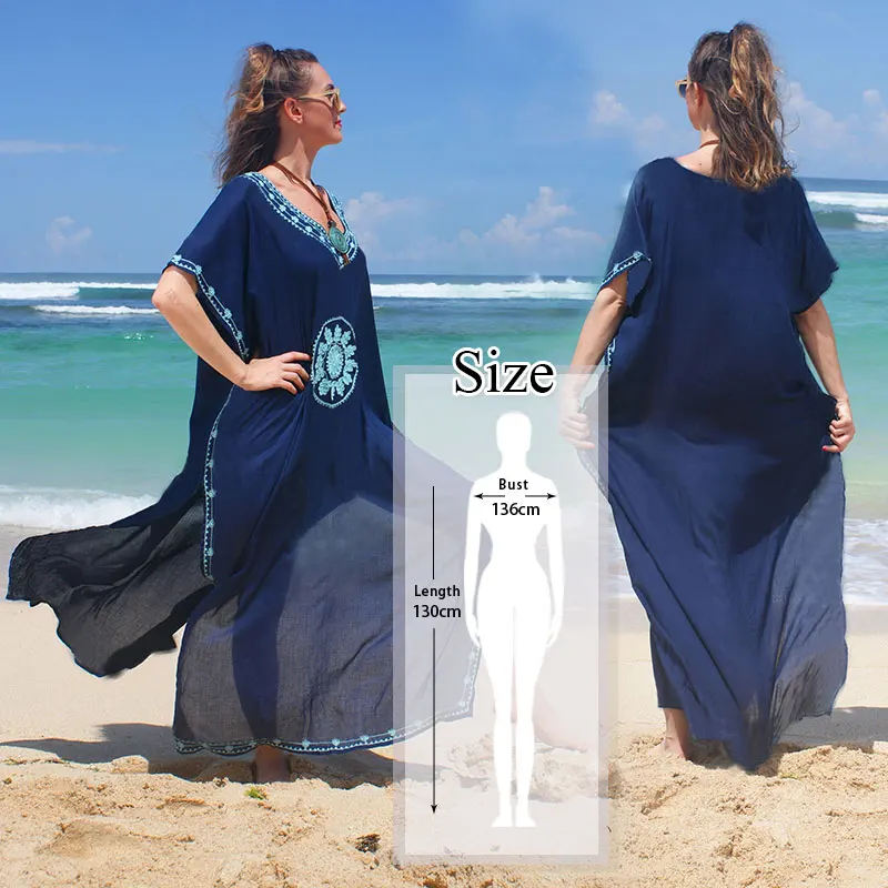 Новинка, женское пляжное платье-кафтан с голубым богемным принтом размера плюс, летняя пляжная одежда с рукавами летучая мышь, свободное Макси платье N685 - Цвет: N643-685