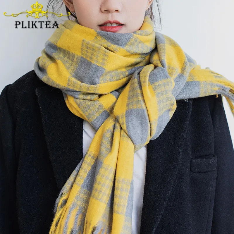 

Yellow Plaid Scarves for Women Faux Cashmere Winter Shawl Warm Wool Wrap for Female Tippet 2019 Korean Ladies Scarf Pink Foulard