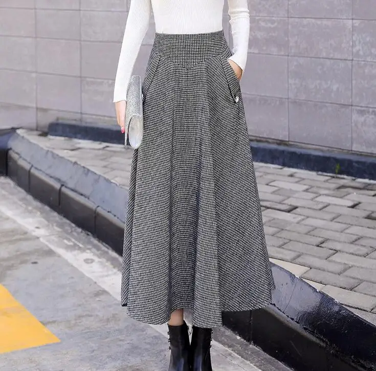 black white plaid Клетчатая Шерстяная Женская юбка с высокой талией в стиле ретро, зима, модная теплая Зимняя шерстяная плиссированная юбка макси для офиса, Femme Saia Longa - Цвет: black white plaid