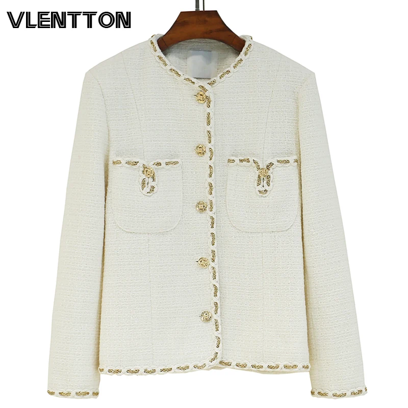 

Spring Autumn Black Tweed Blazers And Jackets Women Metal Button Solid O-Neck Suits Coat Female Tops Office Lady Blazer Feminino