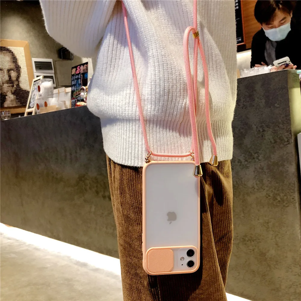 Camera Lens Protection Candy Color Phone Case  For iPhone 13 12 11 Pro X XR XS Max SE2 7 8 Plus Necklace With Rope Lanyard Cover best iphone se case