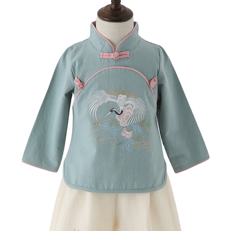 Hanfu/весенне-осенний костюм в китайском стиле с принтом журавлей для девочек весенне-осенняя одежда Улучшенная одежда с длинными рукавами для девочек