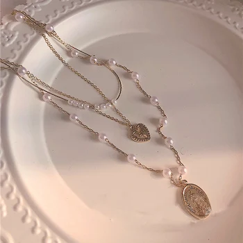 

Multilayer Metal Flower Heart Pendant Necklace Women Simulated Pearl Luxury Clavicle Chain Neck Jewelry Charm Choker Necklace