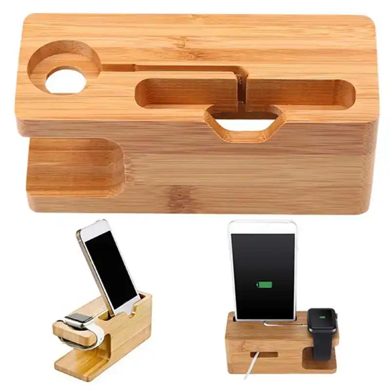 

Cell Phone Charger Dock with Watch Bamboo Holder Desk Charging Stand