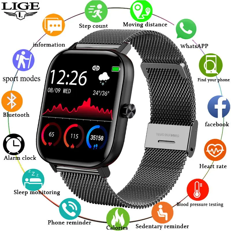 US $21.99 LIGE New P8 Color Screen Smart Watch Women men Full Touch Fitness Tracker Blood Pressure Smart Clock Women Smartwatch for Xiaom