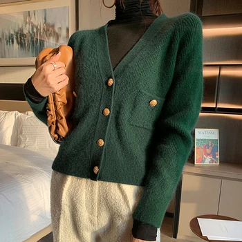 

xr25 Spring Autumn Dark Green Wool Blend Cardigan Women Fashion Burgundy Single Breasted Knitted Sweater