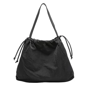 

Fashionable temperament drawstring handbags casual stitching nylon shopping bag wild large capacity solid color shoulder bag