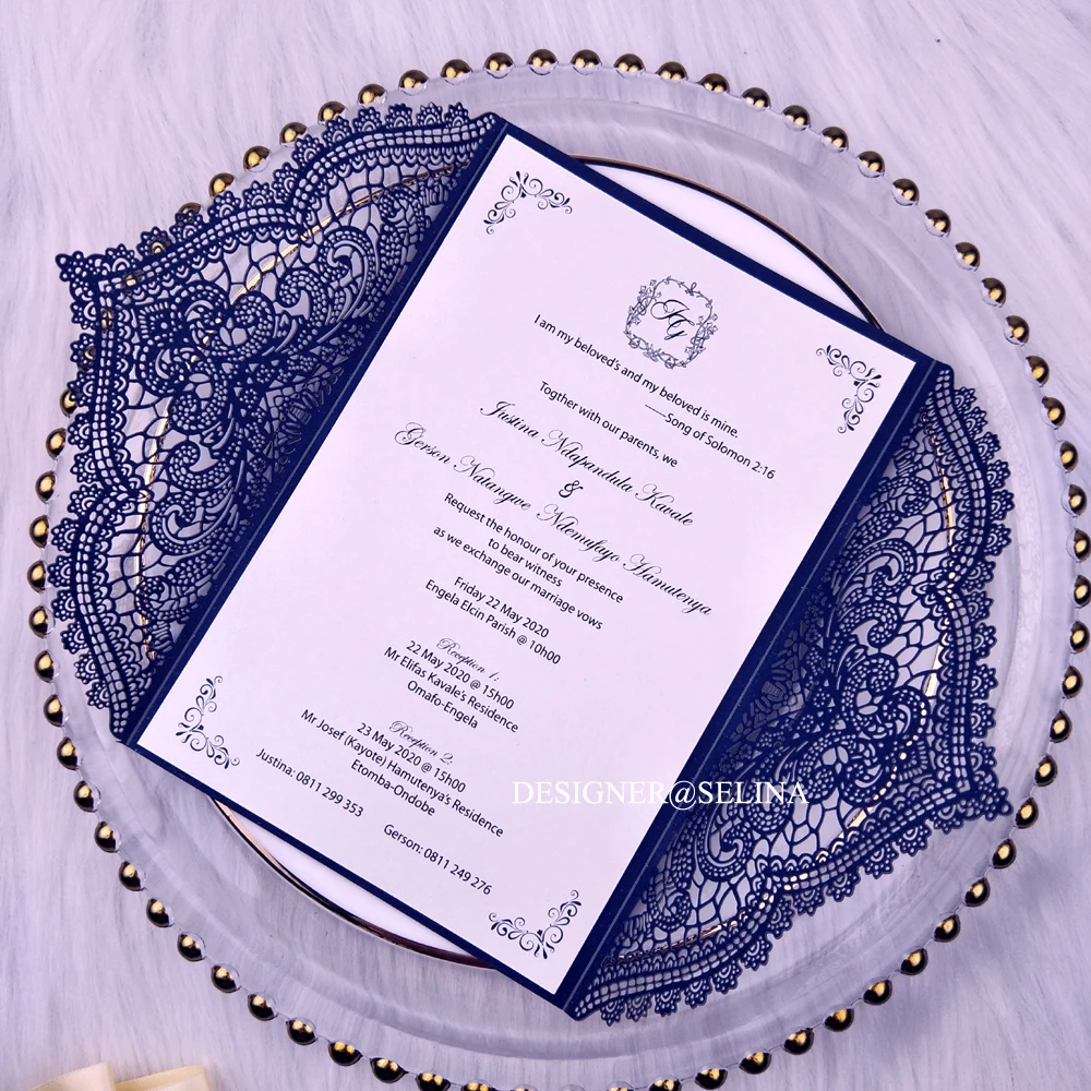 Кружева свадебные приглашения с лента цвета шампанского темно-синий лазерная резка Quinceanera приглашения на заказ Печать свадебный душ приглашает