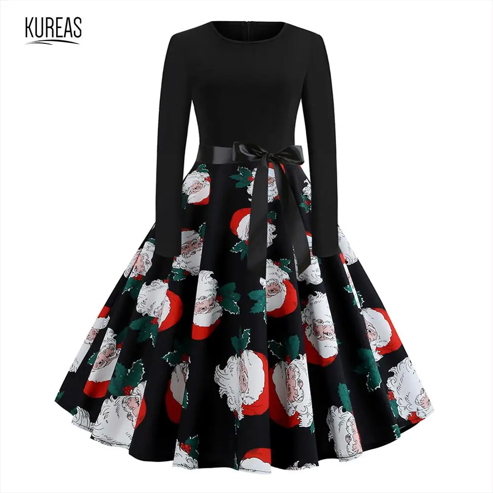 

Kureas Christmas Vintage Dress Women Winter Autumn Long Sleeve Halloween Printed Ball Gown Xmas Pleated Dresses