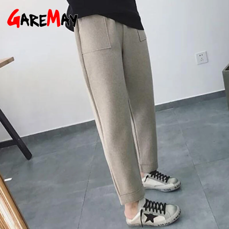 

GareMay Autumn Winter Harem Pants Women Casual Solid Elastic Waist Wool Pants for Women High Waist Trousers