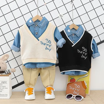 

2020 kids spring and autumn Shirt + casual pants +Vest 3 pieces boys and girls sets for 6M-5years
