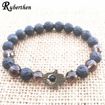 

Ruberthen Hamsa Lava Stone Smoky Crystal Bracelet Fatima's Hand Bracelet Spiritual Healing Root Chakra Wrist Mala Yoga Jewelry