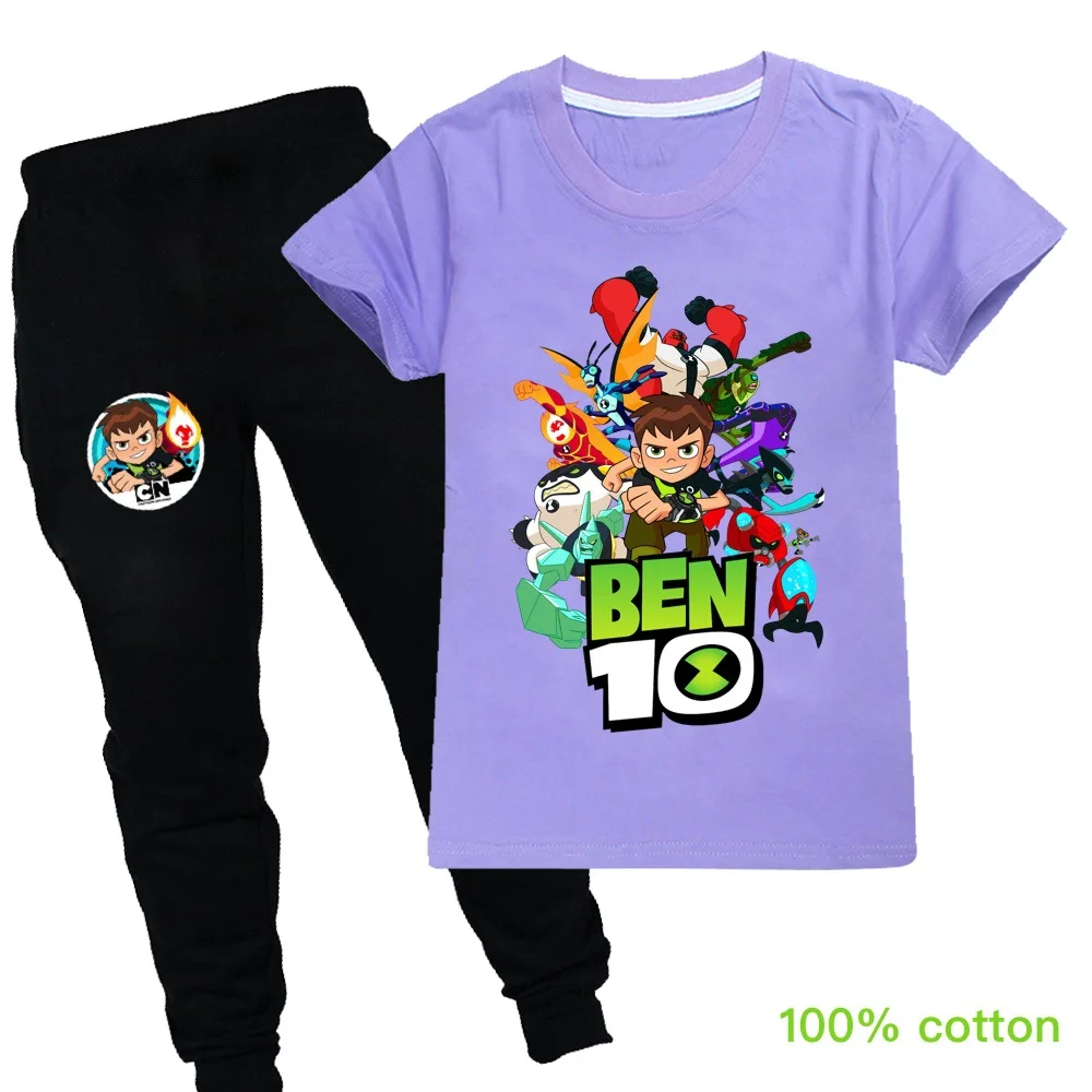 Ben10/Новинка; сезон весна-осень; детская хлопковая футболка с короткими рукавами и рисунком для девочек+ брюки; Детский костюм; одежда унисекс