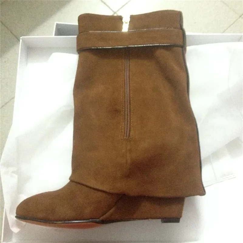 Green Suede Boots Women Shark Lock Belt Buckle Bottes Round Toe High Wedges Heel Botas Autumn Spring New Fashion Boots Women