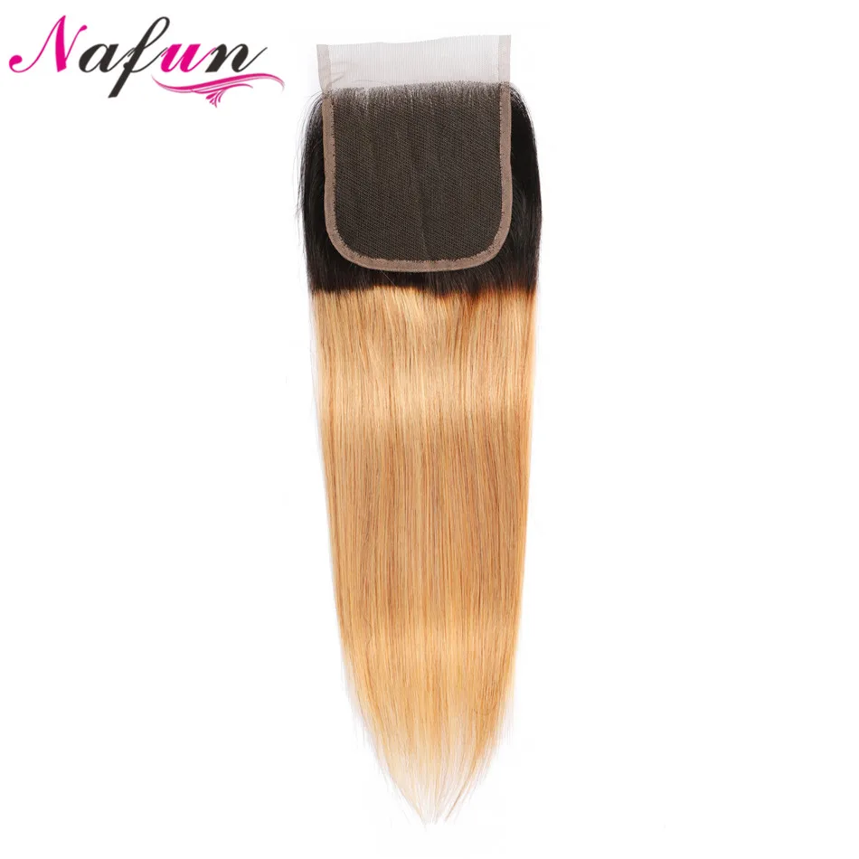 NAFUN Ombre Brazilian Straight Lace Closure Free Part 4x4 Honey Blonde 1b/27 Human Hair With Sightly baby Hair Non Remy 1 Piece