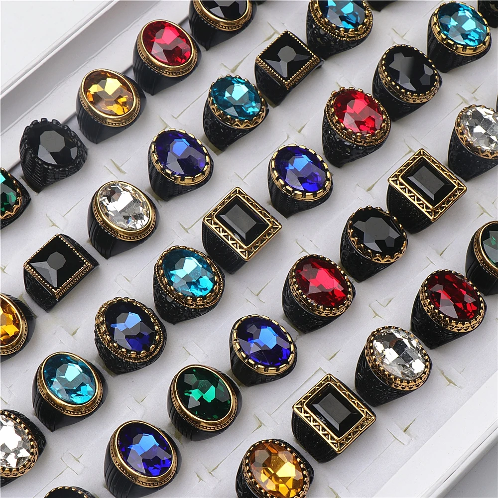20pcslotFashionLuxuryBlackImitationGemstoneMetalJewelryRings