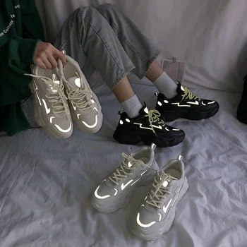 

SHUJIN 2020 Reflective Stripes Shoes Women Shoes Korean Designer Sneakers Female Chunky Platform Sneakers Chaussures Femme