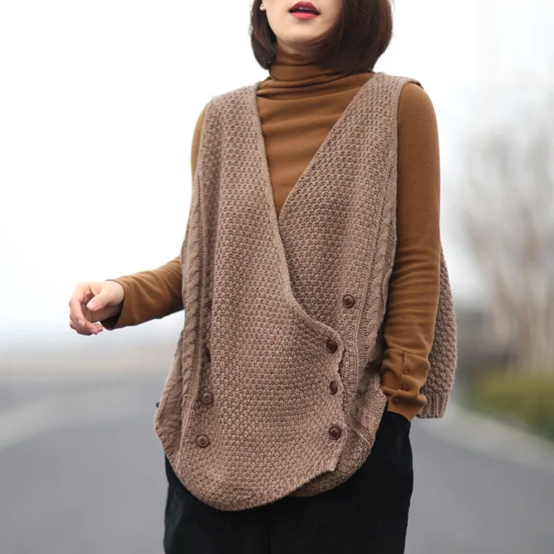 

V-Neck Single-breasted Camel Sweater Cardigan Women Asymmetry Loose Sleeveless Knitted Vest Female Outerwear