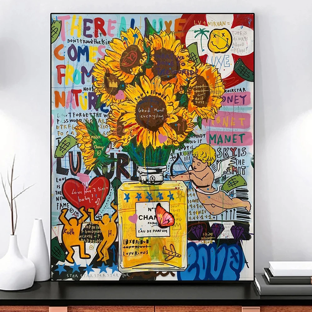Canvas Painting Perfume Bottle And Sunflower Street Graffiti Art Poster Print Wall Picture For Living Room Home Decor Canvas Painting Perfume Bottle And Sunflower Street Graffiti Art Poster Print Wall Picture For Living Room Home Decor