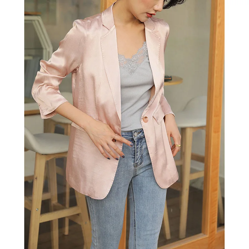 

Micro for Europe And America WOMEN'S Dress Small Gorgeous Satin Gloss One-Button-Turn Sleeve Smooth Silk Small Suit Coat Women's