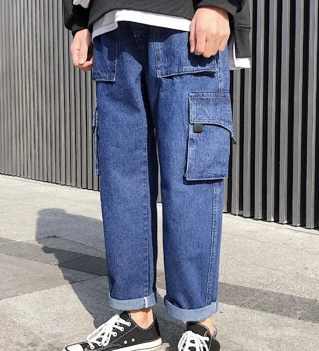 Blue Весна Мужская Мода Тренд работы мешковатые Homme классический накладной карман джинсы черные/синие повседневные брюки байкерские джинсовые брюки S-xl - Цвет: Blue