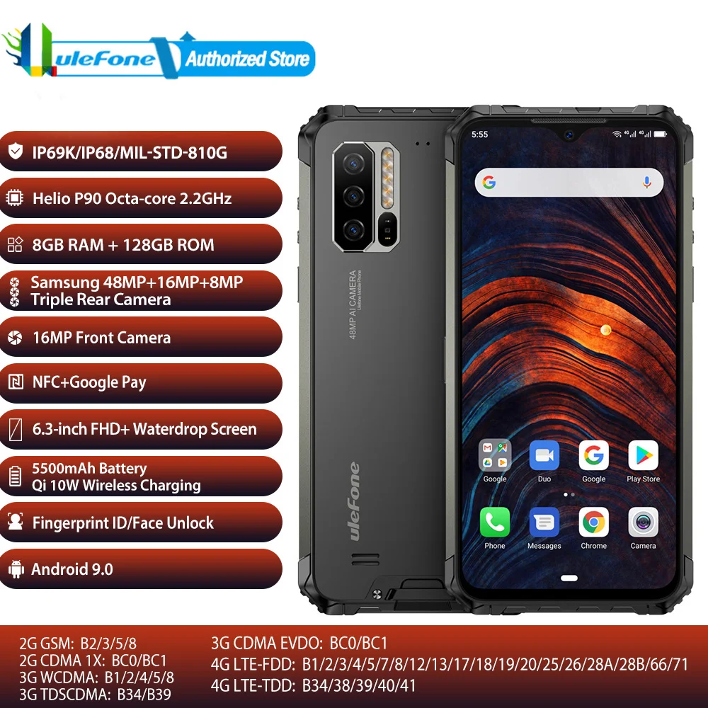 Глобальная группа 48MP Тройная камера Ulefone Armor 7 Finfgerprint ID And Face Unlock 6,3 ''Android 9,0 телефон 128GB 8GB NFC 5500mAh