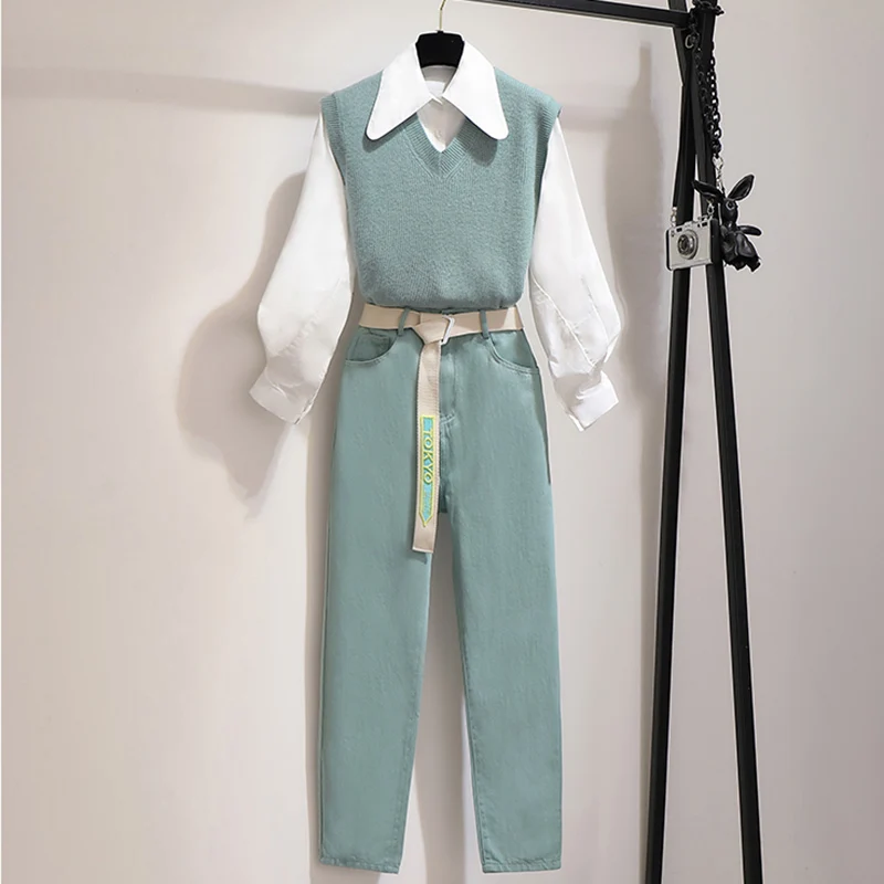 

2019 Fashion Autumn Tracksuits Women Set 3 Piece Outfits for Women Blouse and Knit Sweater Vest + Pants Set Woman Clothes