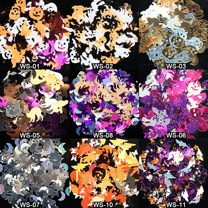

50G/Bag Halloween Nail Art Decoration for Festival Makeup Cosmetic Cartoon Skull Mixed Nail Sequins Holographic Glitter 3d Slice