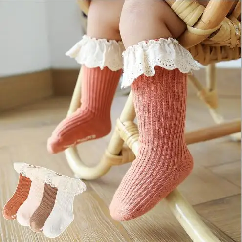 2Pair 0-3 Year Autumn and winter new children's socks boneless double needle baby lace girls tube socks double needle ins wind retro letters socks female autumn and winter new pile pile socks lady casual lovely japanese cotton socks