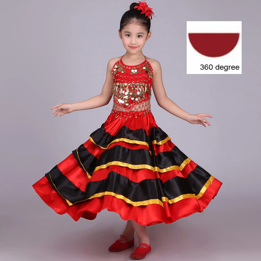 Школьные вечерние костюмы для танцев на Хэллоуин; детская юбка для фламенко для девочек; красный, черный; традиционный испанский жилет с блестками для выступлений - Цвет: One skirt 360 degree
