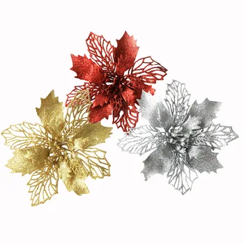 

10pcs 9cm Christmas Poinsettia Glitter Flower Colorful Artificial Cloth Christmas Flower For Xmas Tree Hanging Topper DIY Decor