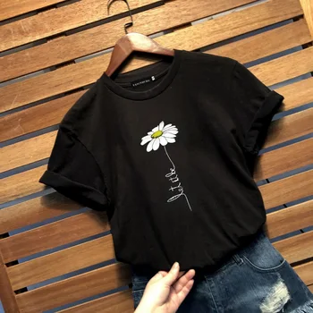 

Summer Let It Daisy Print Women T Shirt Casual Short Sleeve O-neck T-Shirt Fashion Black Tee Shirt S-XL