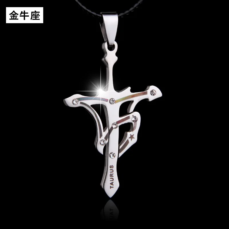 

12 Constellation 316L Titanium Steel Cross English Lettered Necklace Classic Men Taurus Stainless Steel Pendant Pendant