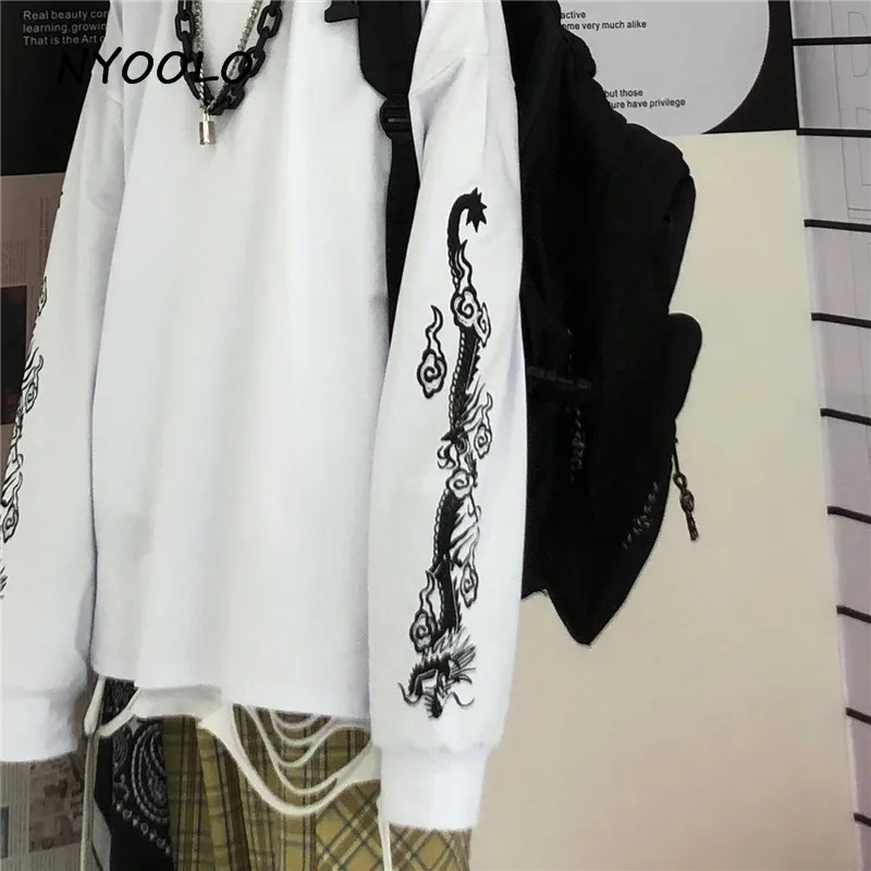 NYOOLO Harajuku стильная Винтажная с драконом Футболка с принтом Осенняя уличная одежда с длинным рукавом Футболка женская мужская одежда Топ тройник