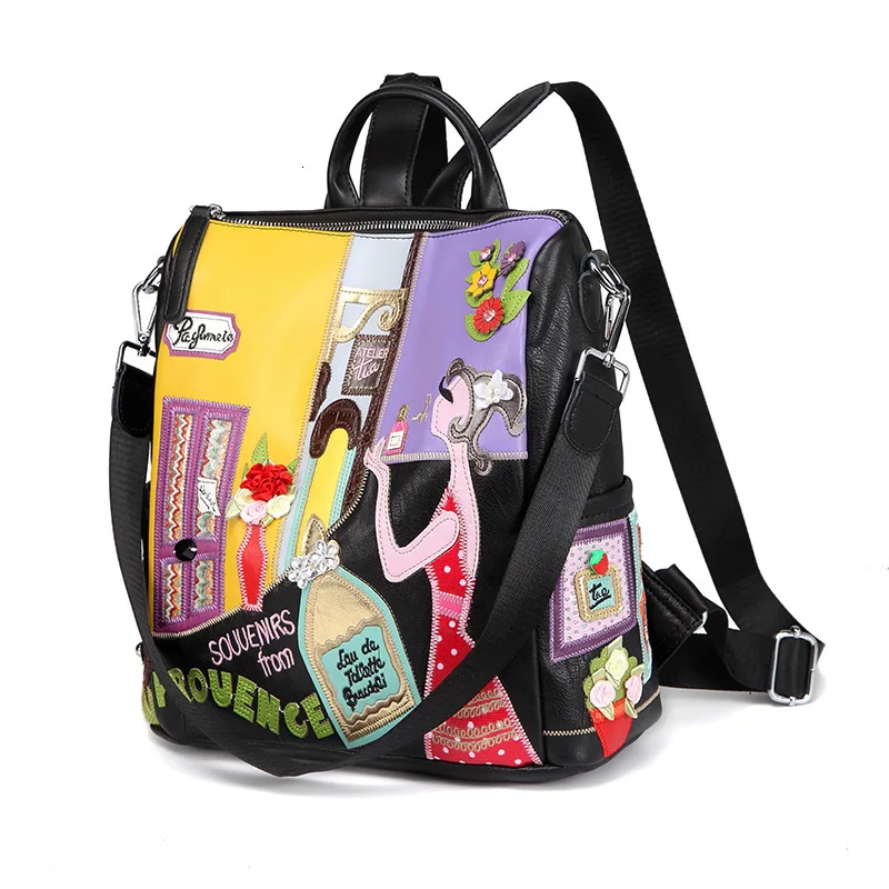 

2019 Handmade Embroidered Backpack Women Pu Leather Bag Designer Panelled Drawstring Stitching Tote Bag Female Backpack