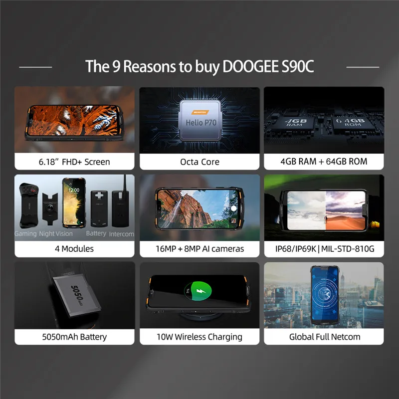 Doogee S90C Helio P70 Восьмиядерный модульный прочный мобильный телефон IP68 6,1" дисплей 4 Гб 64 Гб 5050 мАч 16 Мп+ 8 Мп Android 9,0 12V2A