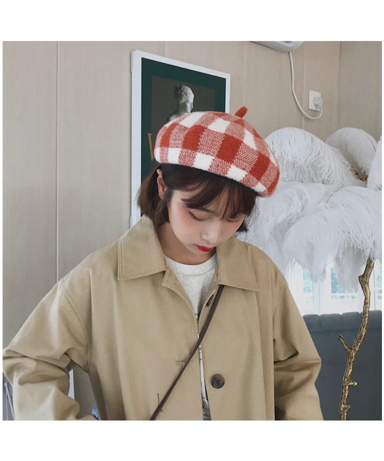 YOYOCORN осенний и зимний берет женский мягкий вязаный шерстяной британский плед художника шляпа японский дикий восьмиугольная шапка