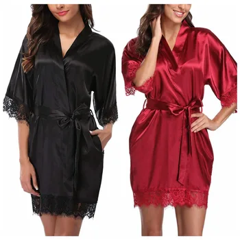 

2019 New Women's Robe Lace Stitching Sexy Half Sleeve Pajamas Solid Color Sexy Lace Stitching Pure Erotic Pajamas*