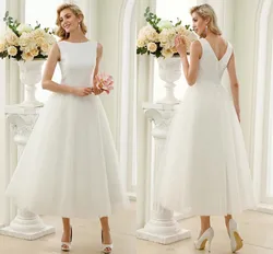 A-Line Wedding Dresses Bateau Neck Tea Length Tulle Sequin Bridal Gown Vestido De Noiva Robe Mariage