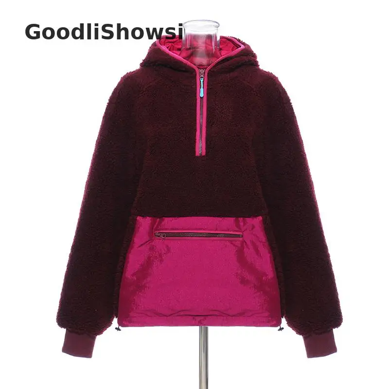GoodliShowsi Зимние Модные женские шерстяные худи из овечьей шерсти бархатные Лоскутные контрастные цветные толстовки с капюшоном на молнии