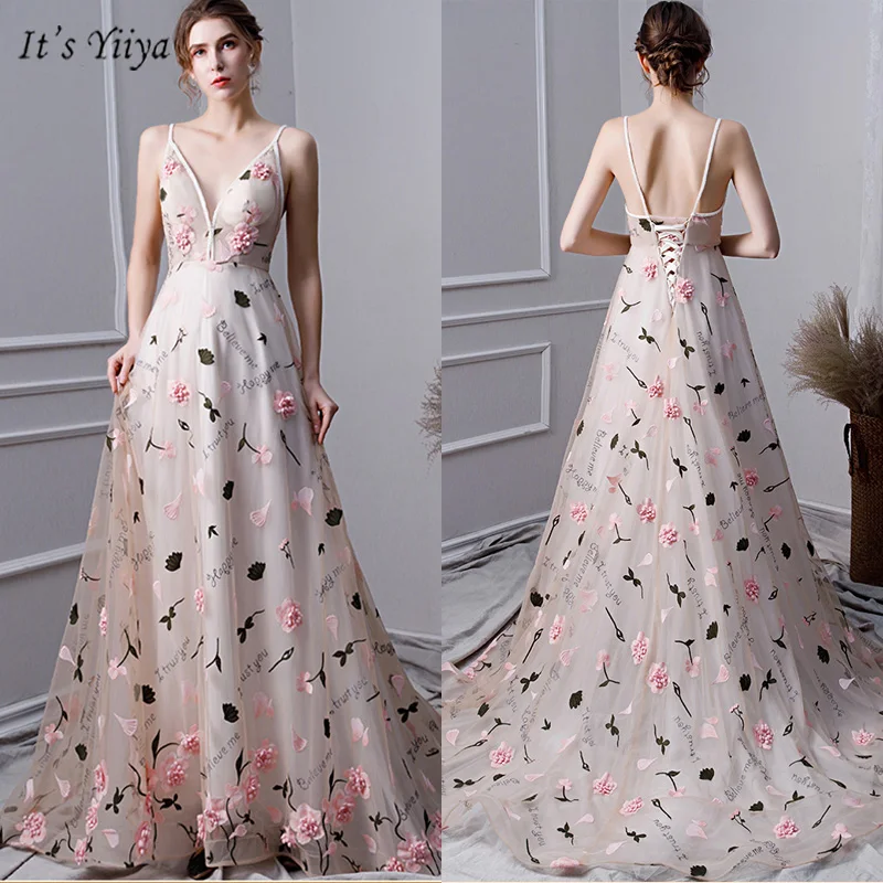 

It's Yiiya Prom Dress 2019 Appliques Plus Size Spaghetti Strap Dresses Women Party Night Satin A-Line Vestidos De Gala V109