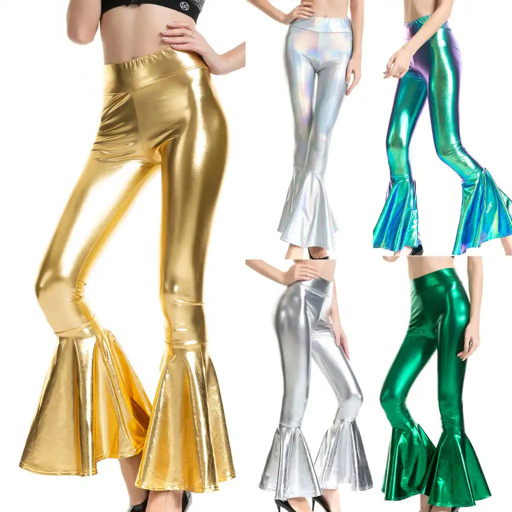 Sexy Women Wide Leg Pants Metallic Liquid Stretchy Bell Bottom Flared Leggings Long Palazzo Pants Vintage Disco Trousers Y3 Pants Capris Aliexpress