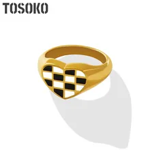 

TOSOKO Stainless Steel Jewelry Love Black And White Lattice Simple Plain Ring Female Hip Hop 18K Gold Plated Ring BSA321