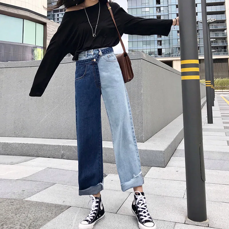spring New style mock two-piece contrasting color stitching jeans women's Hong Kong-style slimming straight-cut ankle-lengt