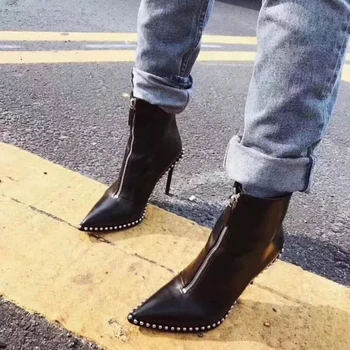 

Punk Style Rivets Ankle Boots Zipper Front Pointed Toe High Heel Ridding Boots Black White Leather Stud Spikes Dress Shoes