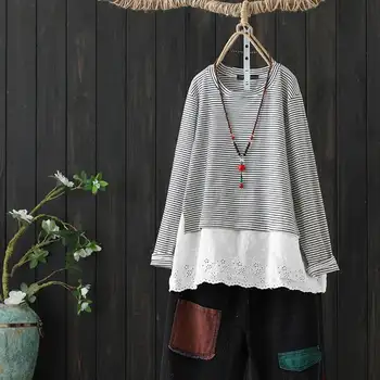 

Plus Size Lace Crochet Blouse Spring Striped Shirt ZANZEA Women Long Sleeve Patchwork Tops Femme O Neck Loose Blusas Femininas