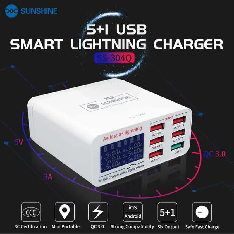 SUNSHINE QC 3,0 5V 2.0A зарядное устройство с шестью отверстиями для мобильного телефона Быстрая зарядка источник питания отображение напряжения тока usb-устройства - Цвет: QC 3.0