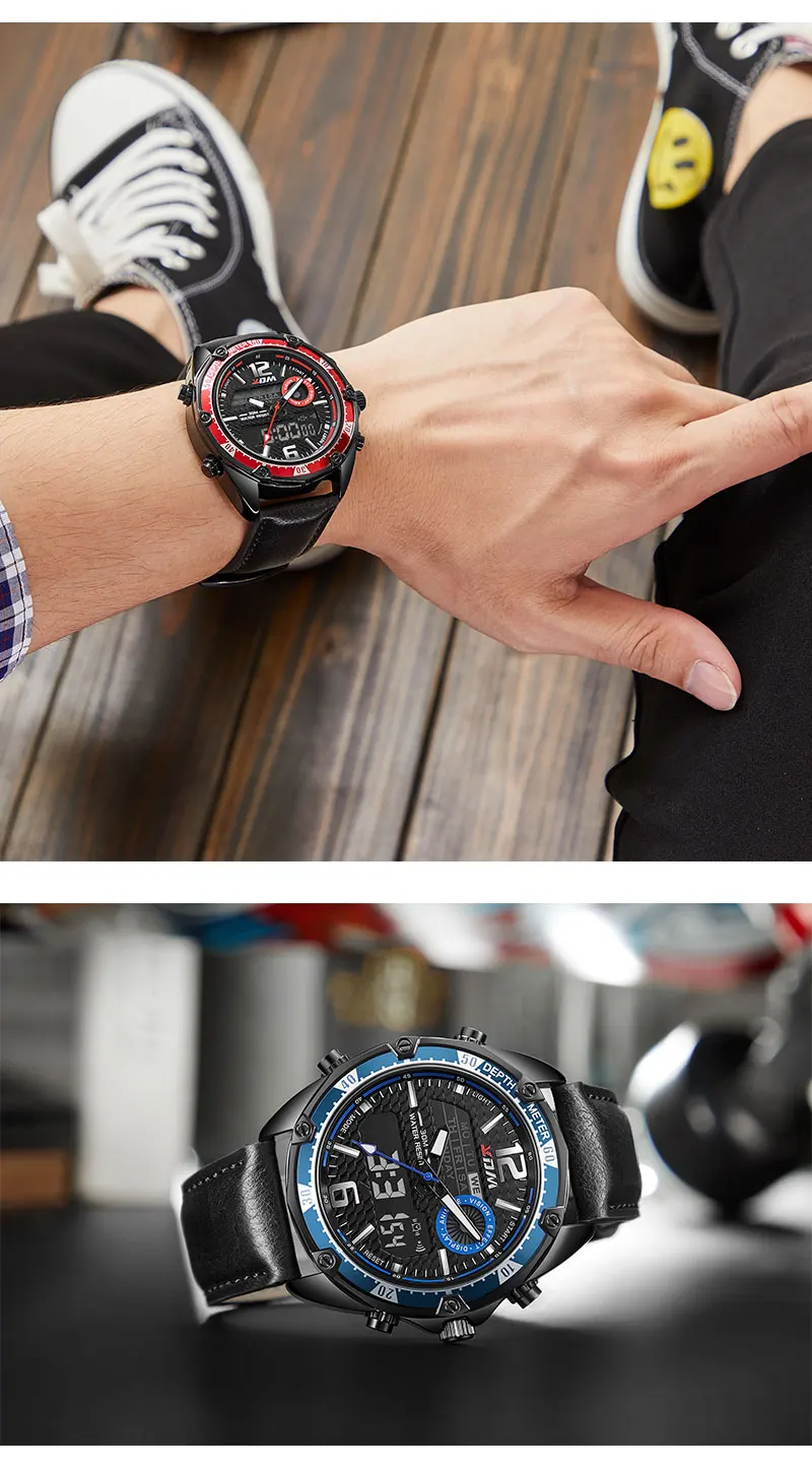 KDM мужские часы кожаный ремешок 30 м водонепроницаемый двойной дисплей кварцевые цифровые мужские наручные часы Zegarek Meski лучший бренд часы