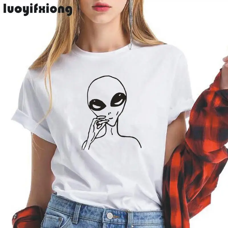 Harajuku Alien Smoke Weed Printing T Shirt Women Tops Korean Fashion Graphic Tee Shirt Femme Short Sleeve Funny Women Tshirt